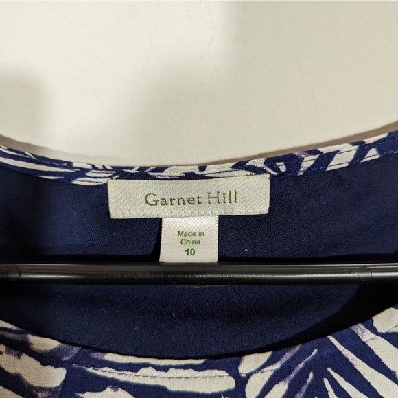 Garnet Hill Navy Print 3/4 Sleeve Silk Shift Midi Dress Women Size 10 - Picture 4 of 6